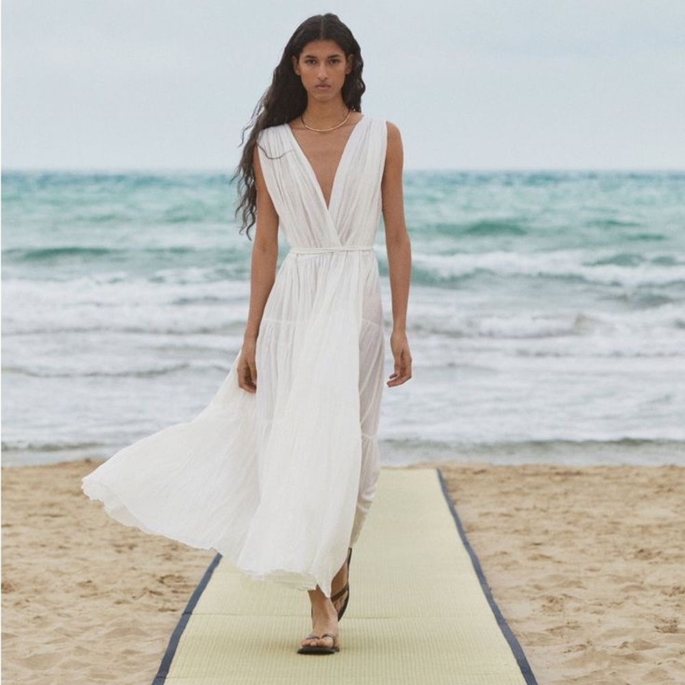 Massimo Dutti Flowy White Maxi Bohemian Dress with Deep V